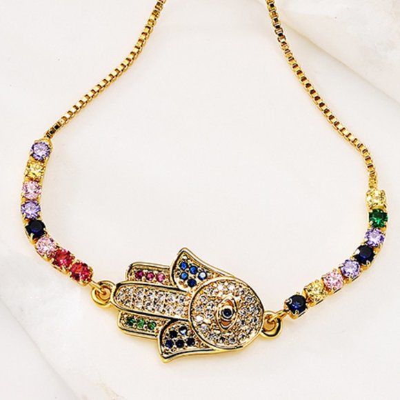3/$35 Gold Plated Copper Hand Eye Hamsa Cubic Zirconia Chain Bracelet Jewelry - Picture 5 of 6
